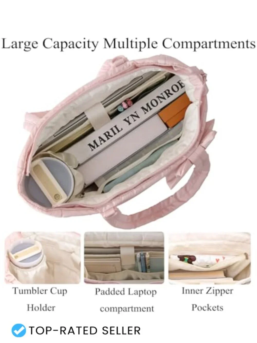 Quilted Puffer Tote Bag with Laptop Compartment and Cup Holder